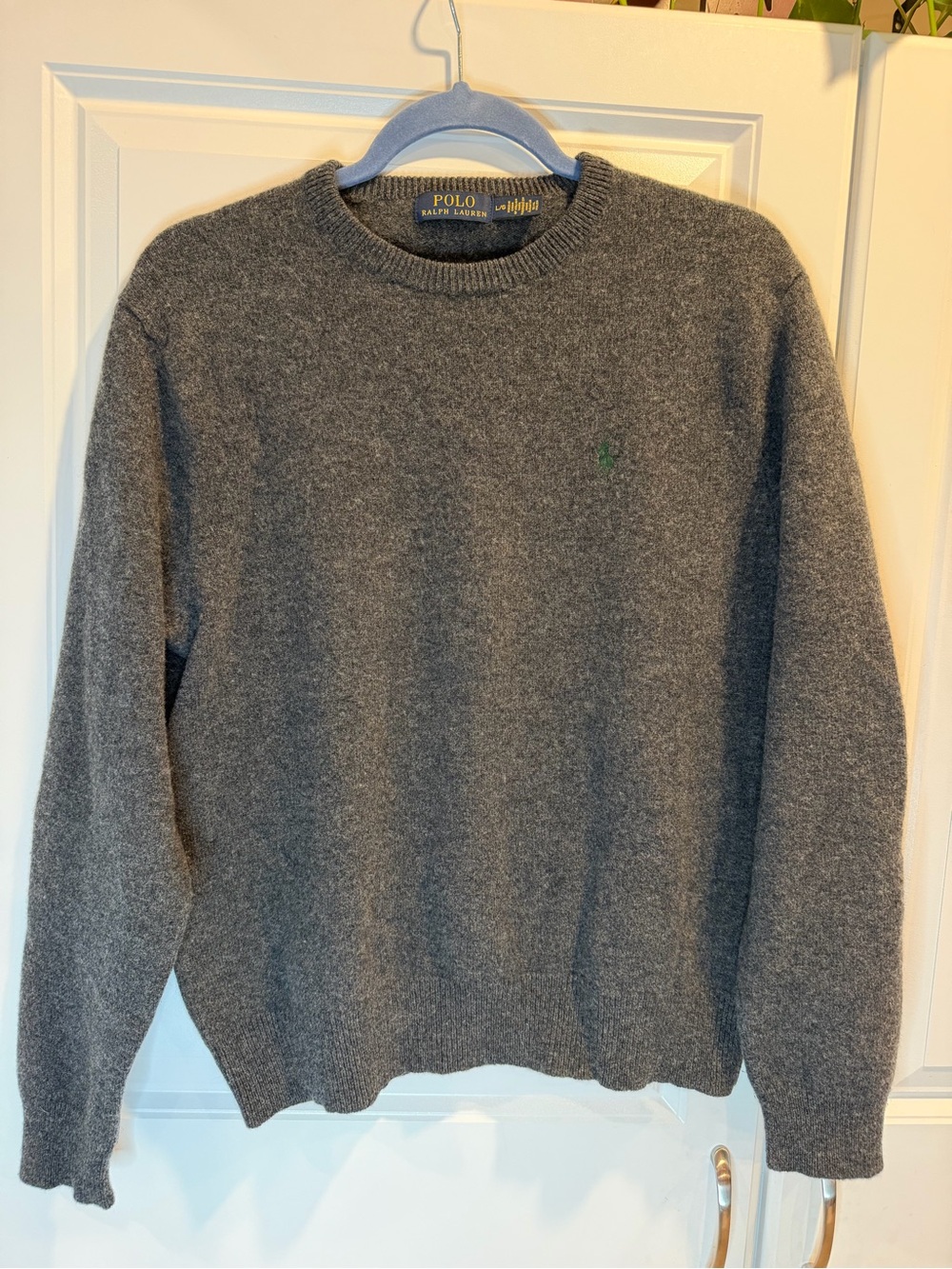 VTG Polo Ralph Lauren Grey 100% Lambswool Knit Crewneck Sweater Mens Large EUC